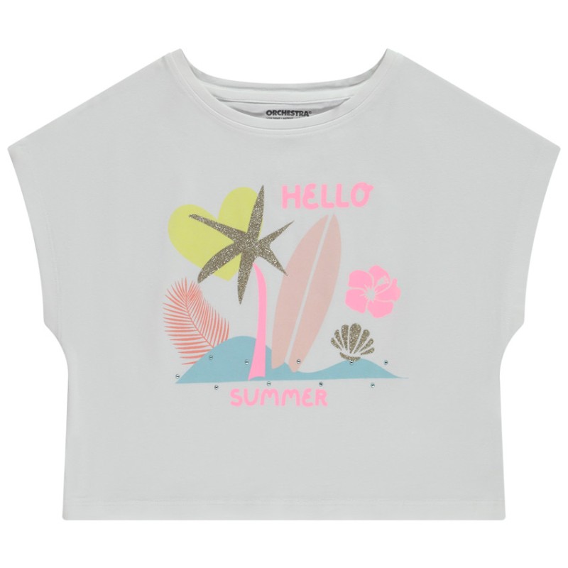 T-shirt manches courtes forme boîte avec print fantaisie fil