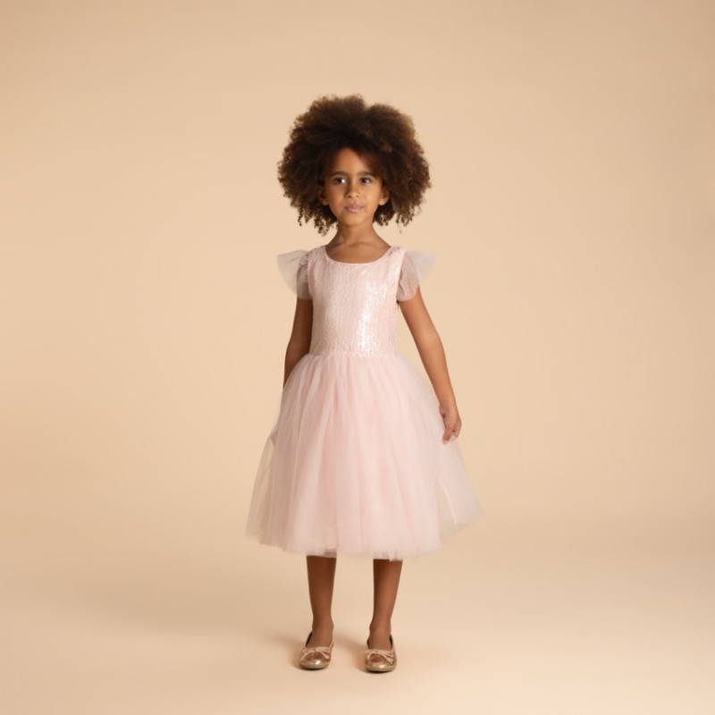 Robe manches courtes en tulle et sequins fille