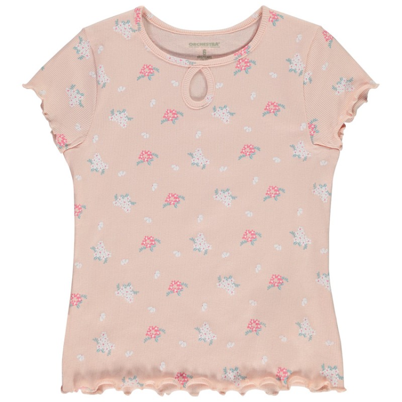 T-shirt manches courtes côtelé imprimé fleuri pour fille