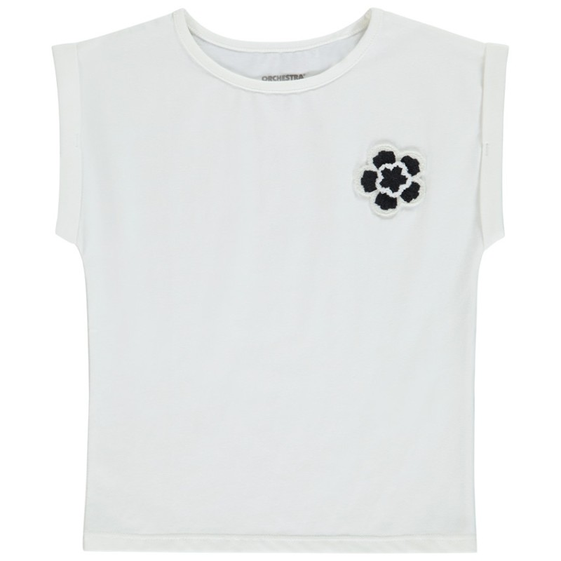 T-shirt manches courtes patch fantaisie fleur en crochet pou