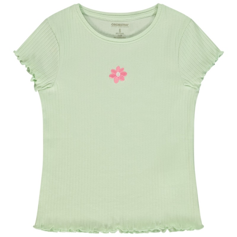 T-shirt manches courtes côtelé à fleur brodée pour fille