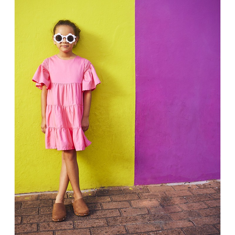 Robe manches courtes volantées unie fille
