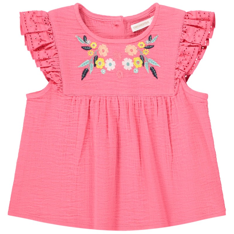 Top manches courtes en gaze de coton avec broderie pour fill