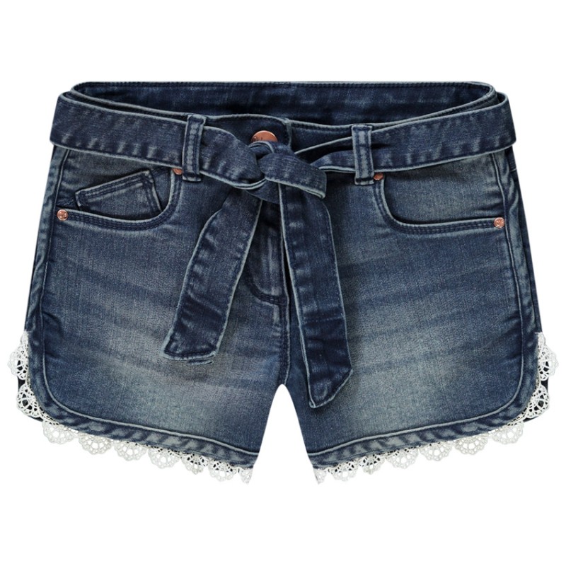 Short en jean délavé avec finition dentelle fille