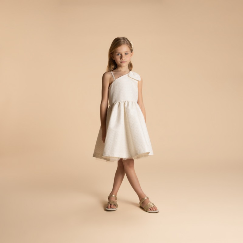 Robe sans manches en jacquard fleuri et bretelle nœud fille