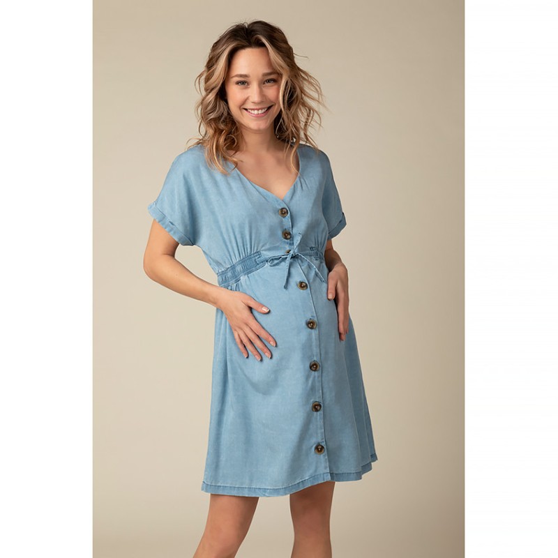 Robe chemise de grossesse effet jean à manches courtes