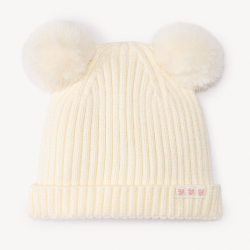 Bonnet en tricot côtelé avec pompons pour bébé fille