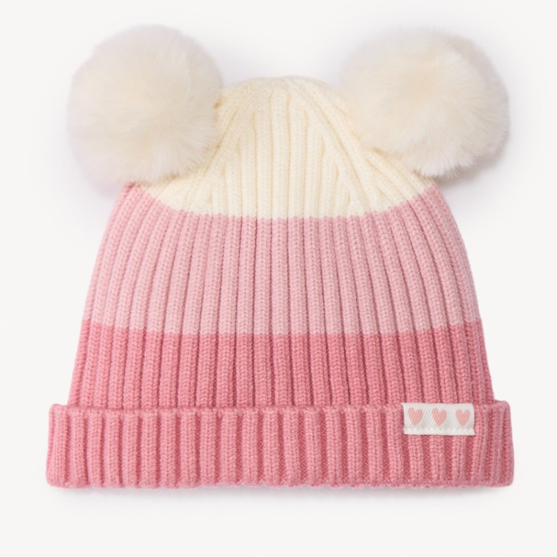 Bonnet en tricot côtelé avec pompons pour bébé fille