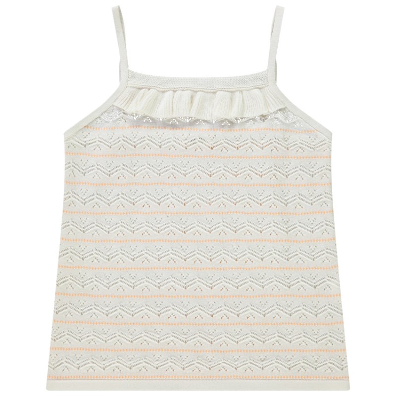 Débardeur en tricot et maille pointelle et col volanté fille