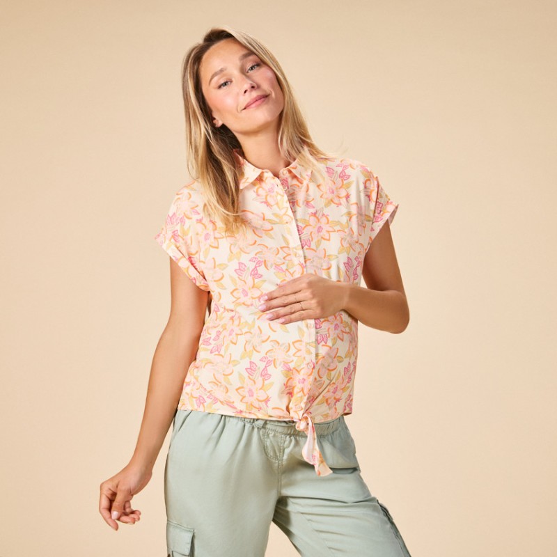 Chemise manches courtes à nouer imprimé floral pour femme