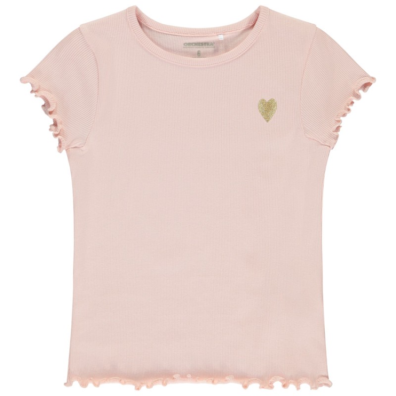 T-shirt manches courtes côtelé à cœur brodé fille