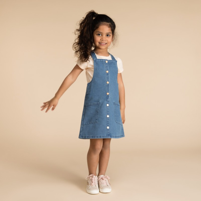 Robe salopette uni en denim avec poches fille