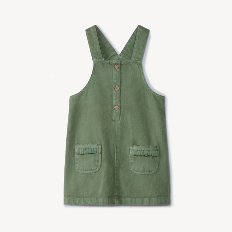 Robe salopette uni en denim kaki à poches pour bébé fille