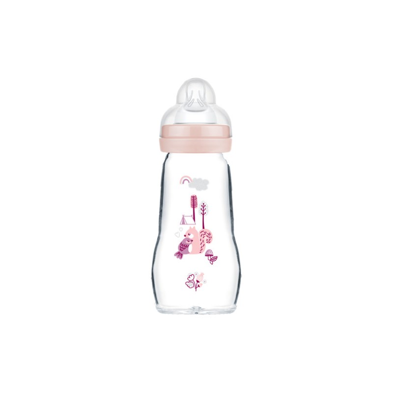 Biberon en verre tétine débit 2 0-6 mois 260 ml – Rose
