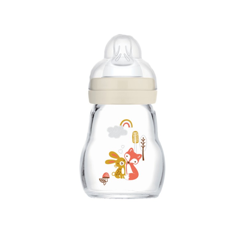 Biberon en verre tétine débit 1 0-6 mois 170 ml – Blanc