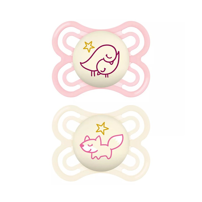 Lot de 2 sucettes silicone Perfect Nuit 2-6M animaux (modèle