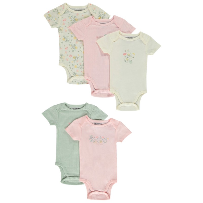Lot de 5 bodies manches courtes motifs floraux pour bébé fil