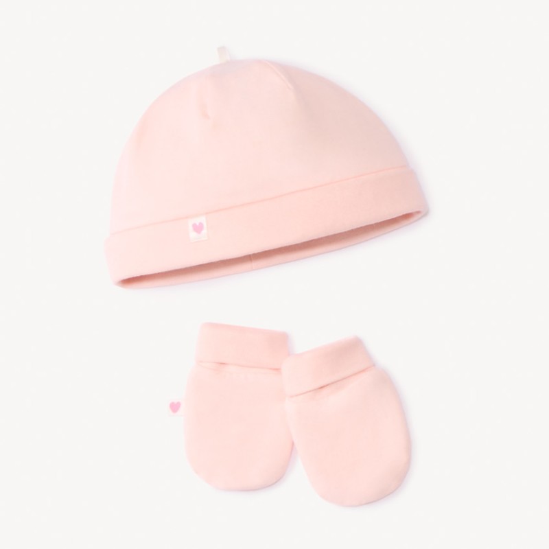 Set bonnet + moufles de naissance uni pour bébé fille
