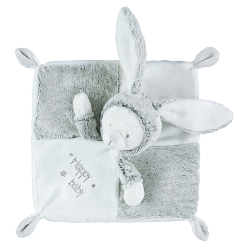 Doudou plat lapin en sherpa avec inscriptions brodées