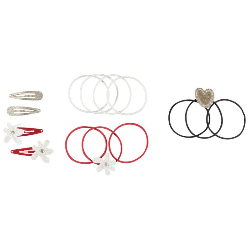 Set de 4 barrettes et 10 élastiques fleur/cœur pour fille