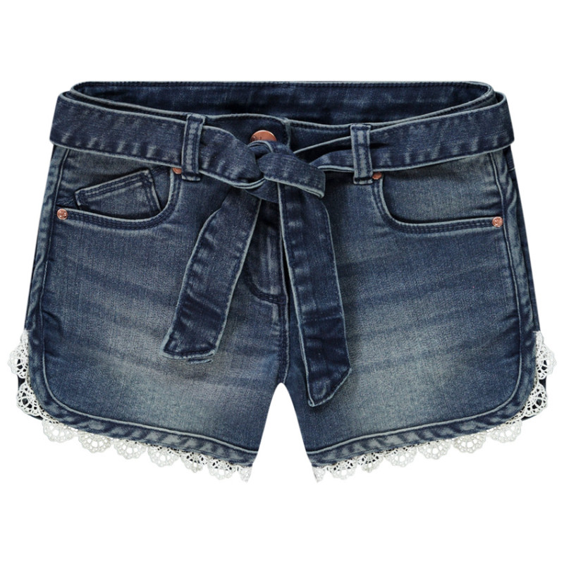 Short en jean délavé avec finition dentelle fille