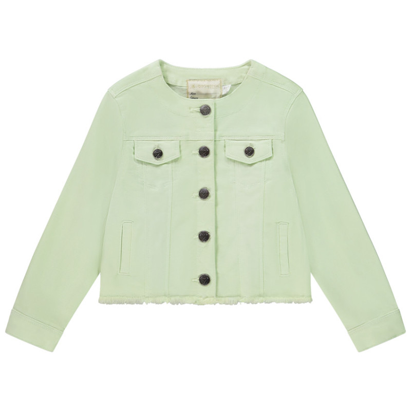 Veste en jean col rond et finition franges fille