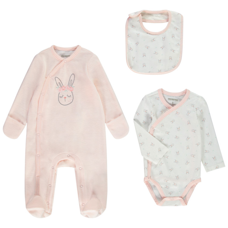 Set dors-bien en velours + body + bavoir imprimé lapins pour