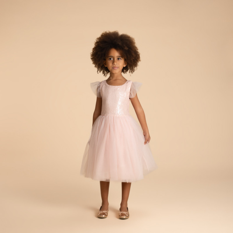 Robe manches courtes en tulle et sequins fille