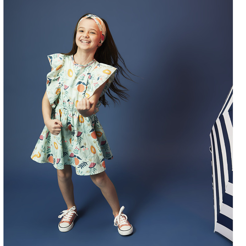 Robe manches courtes volantées imprimé exotique pour fille