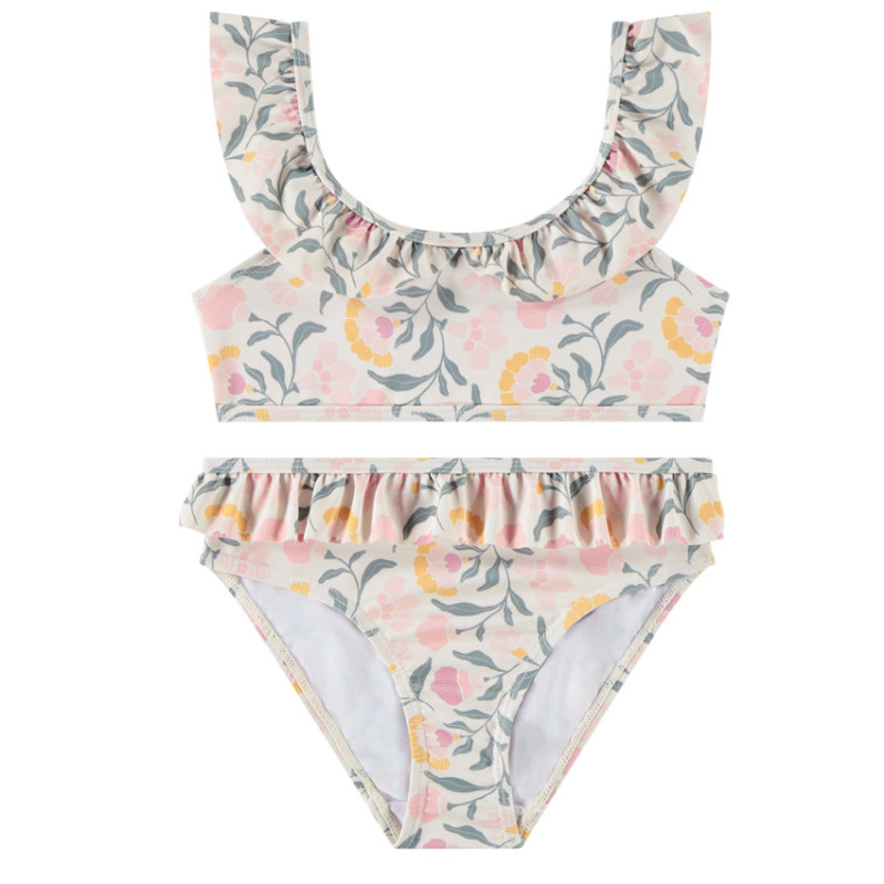 Maillot de bain 2 pièces imprimées fleurs à volants fille