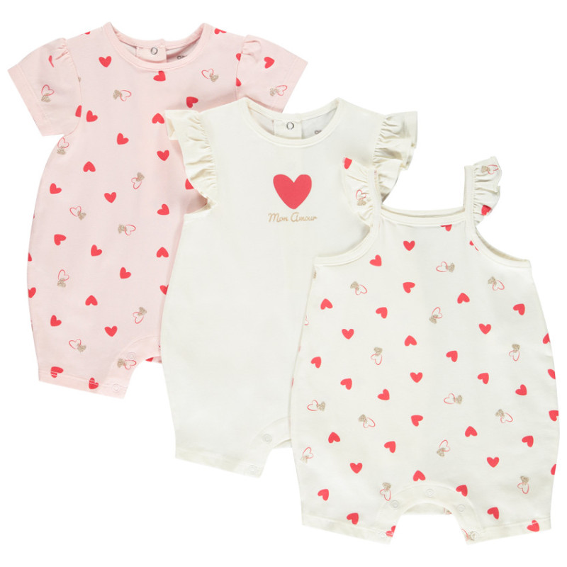 Lot de 3 combishorts fantaisie à cœurs pour bébé fille