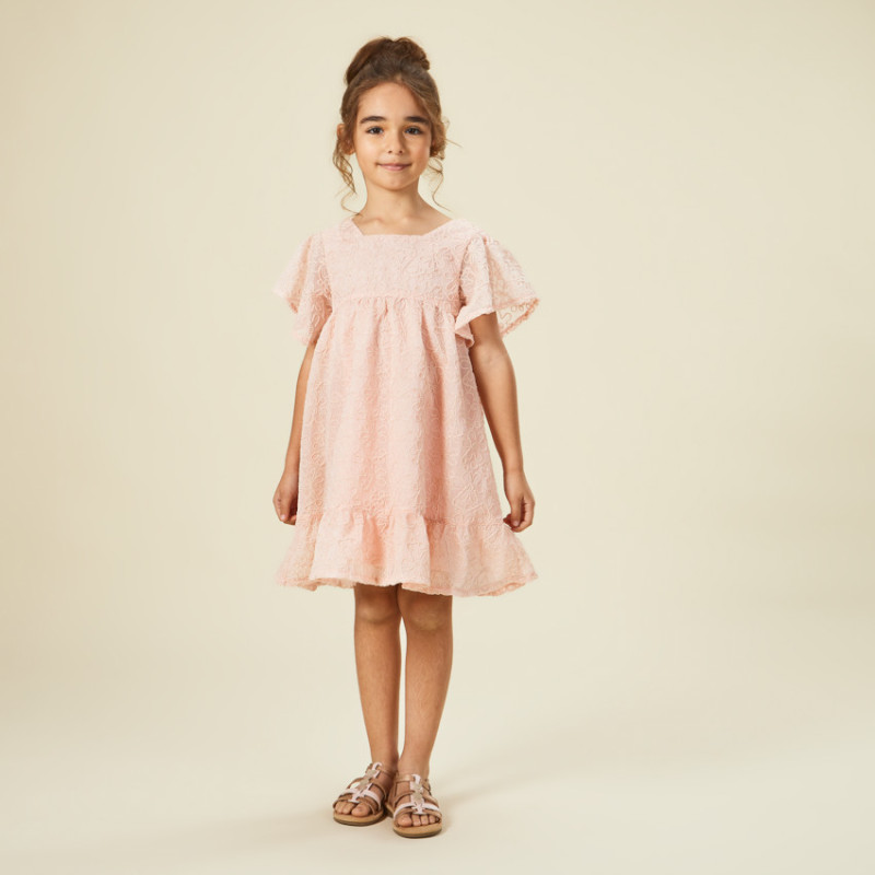 Robe manches courtes en crêpe et tulle avec motif floral en 