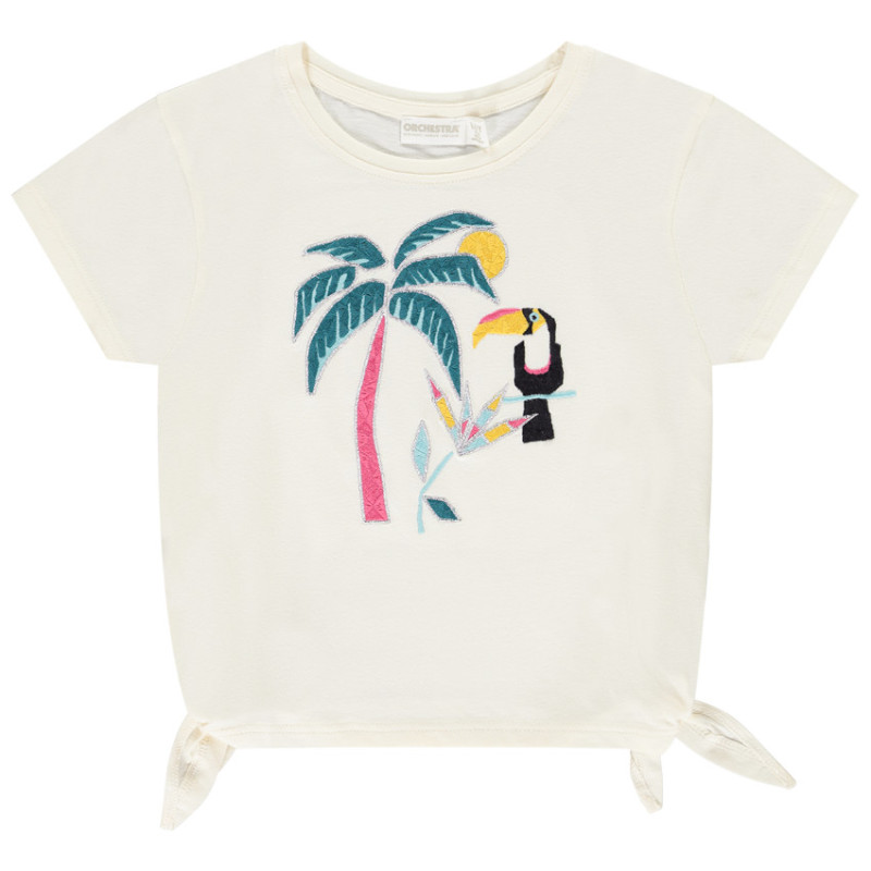 T-shirt manches courtes avec broderie toucan et nouettes fil