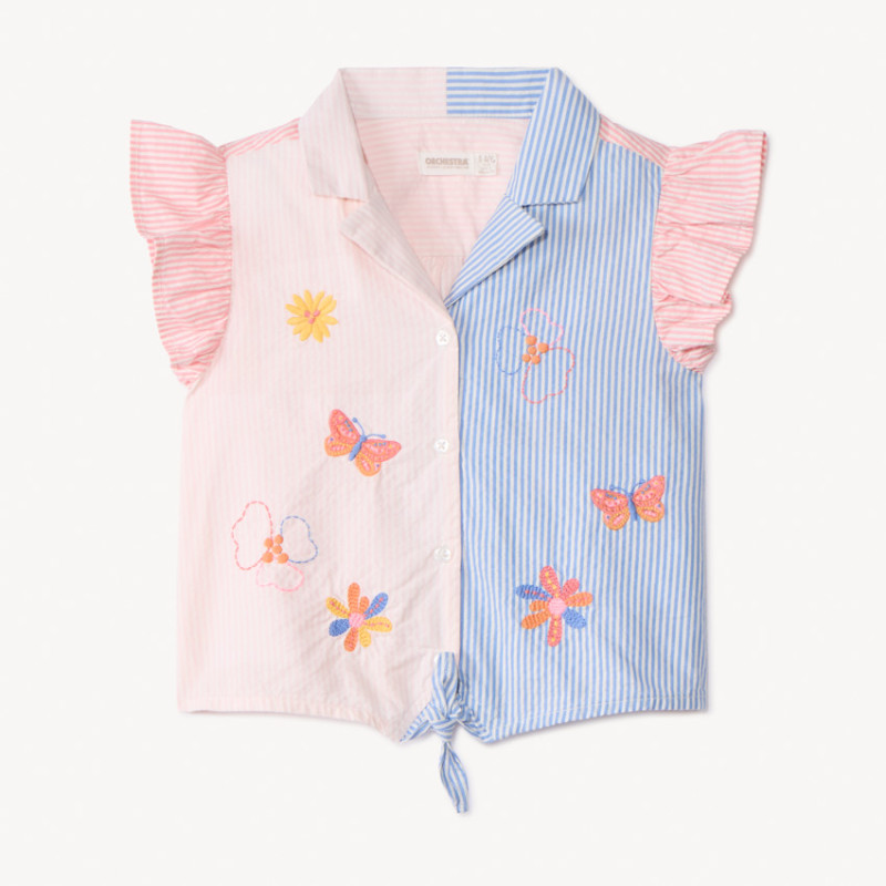 Chemise manches courtes en seersucker avec broderie fille