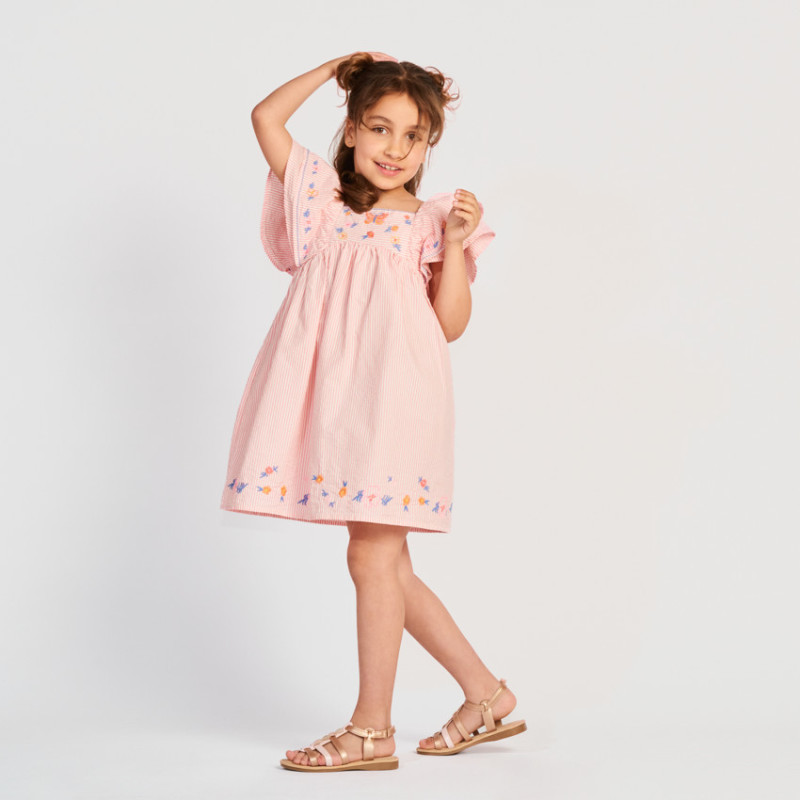 Robe manches courtes rayée et brodée fille