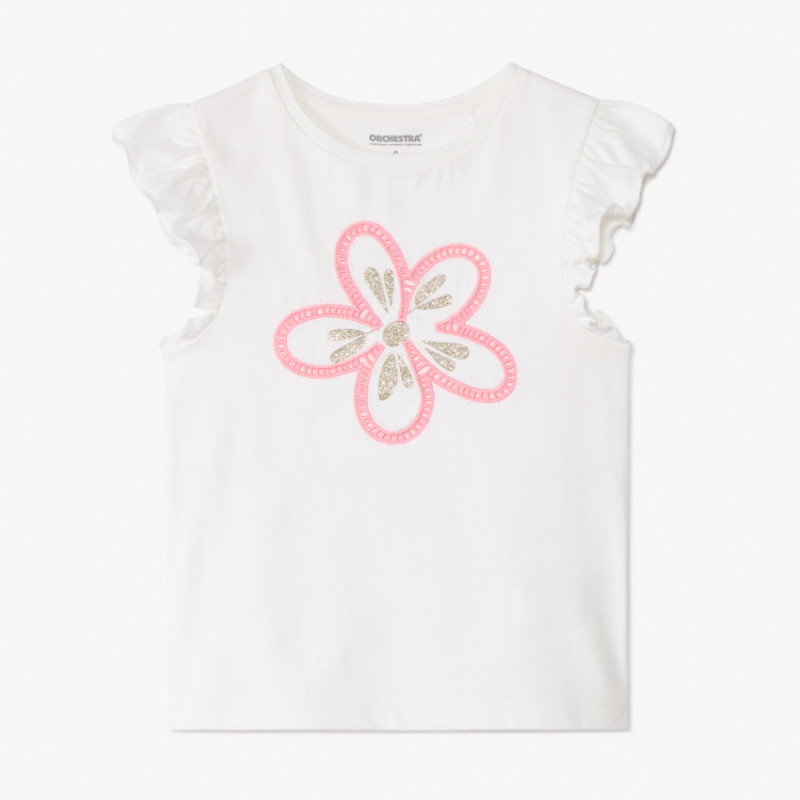 T-shirt manches courtes à fleur brodée et ajourée fille