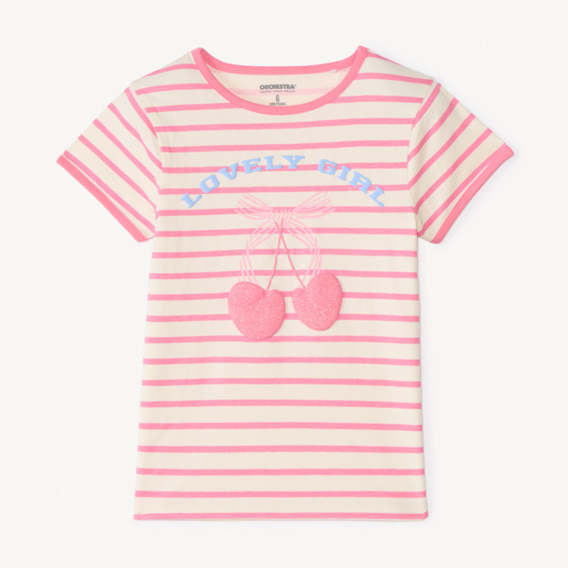 T-shirt manches courtes à rayures avec print cerise fille