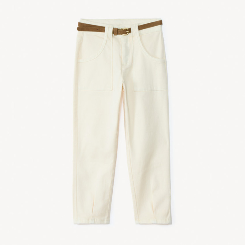 Jean mom en denim uni avec ceinture marron fille