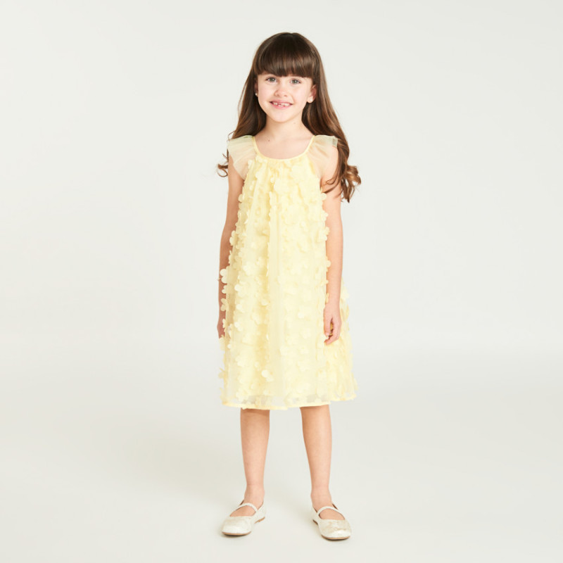 Robe uni en tulle et satin avec petites fleurs 3D fille