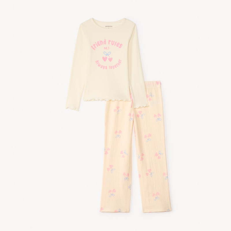 Set pyjama long côtelé motifs cerises/cœurs fille