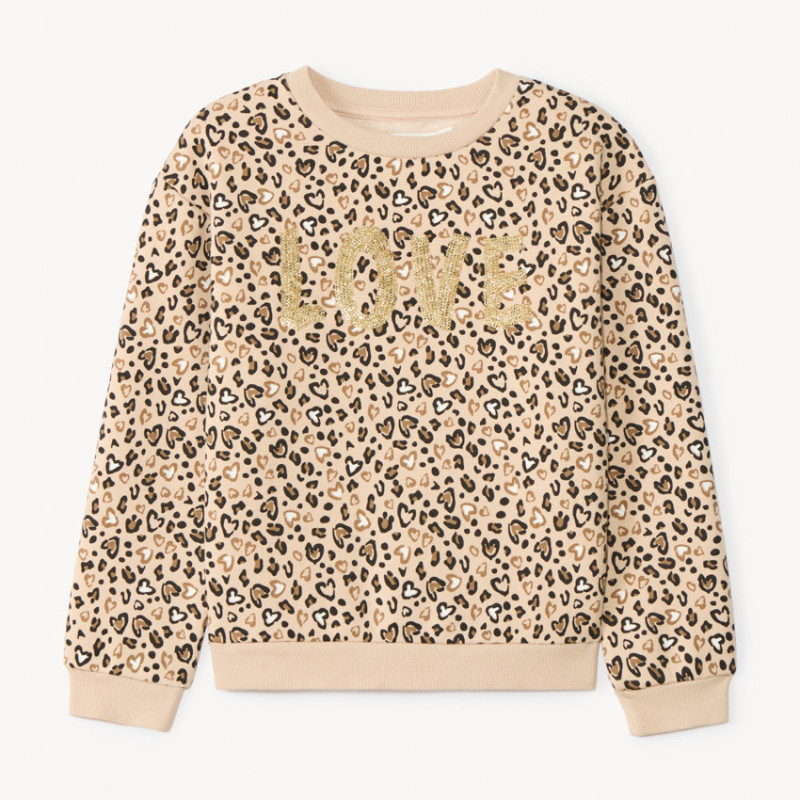Sweat molleton imprimé léopard à sequins fille