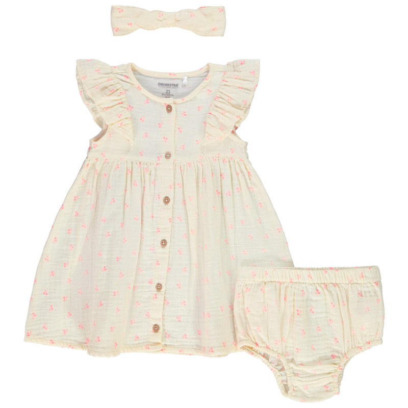 Ensemble 3 pièces robe + bloomer + bandeau à pois pour bébé 