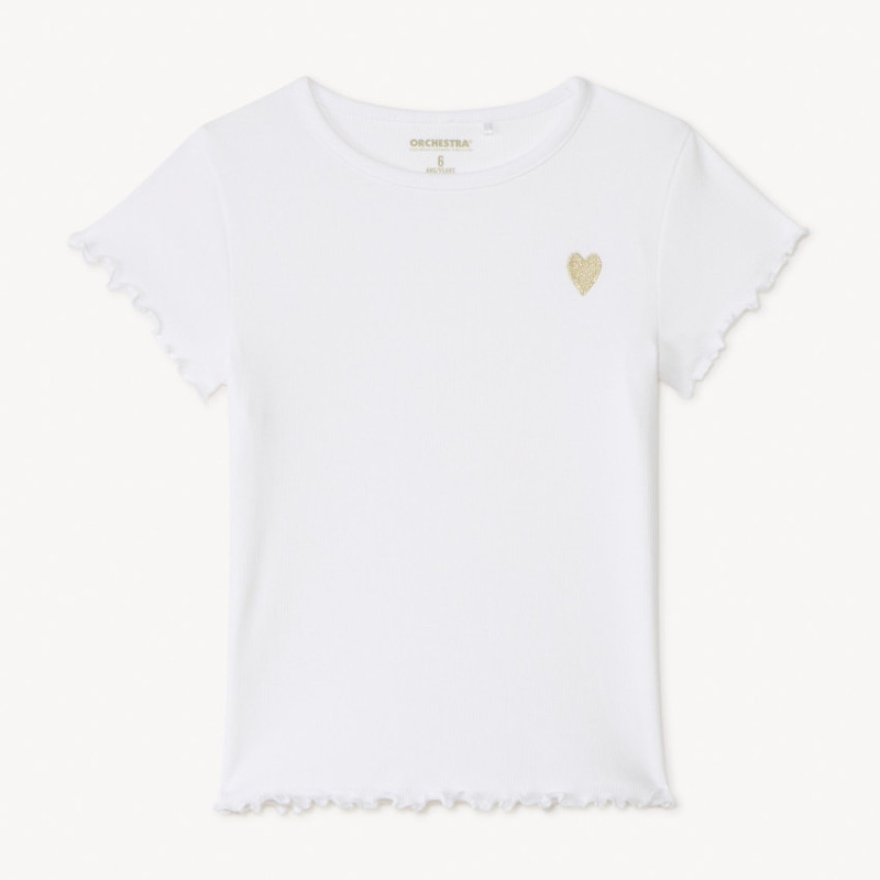 T-shirt manches courtes en maille côtelée uni broderie cœur 