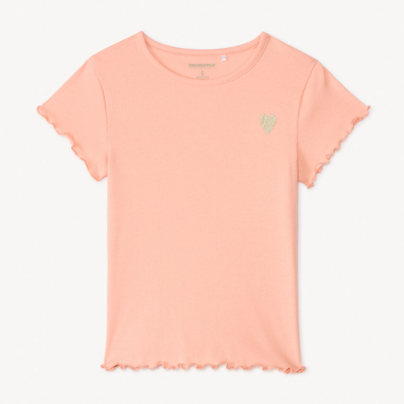 T-shirt manches courtes en maille côtelée uni broderie cœur 