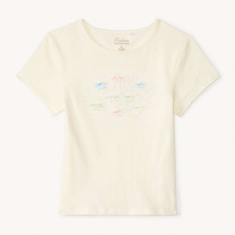 T-shirt manches courtes strass et fleurs 3D fille