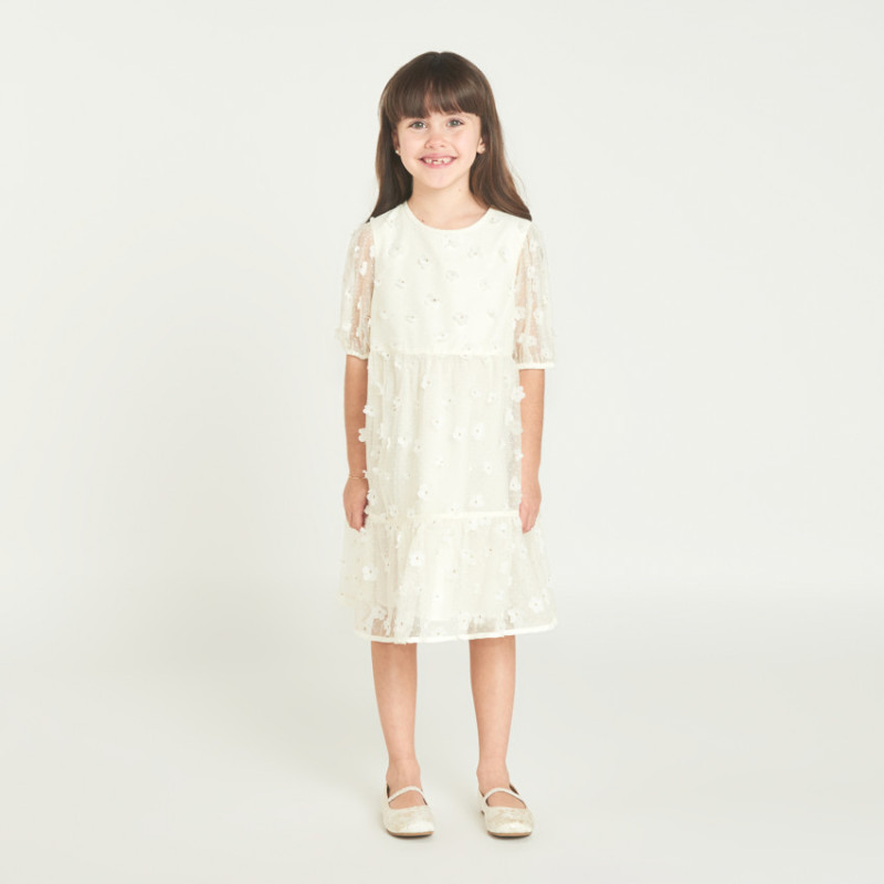 Robe à manches courtes en toile avec fleurs 3D fille