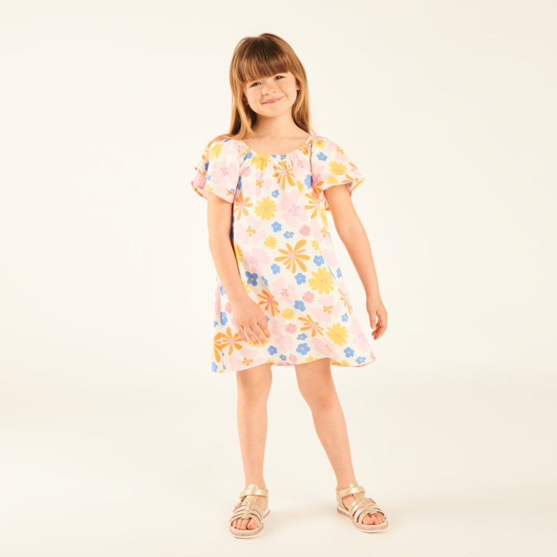 Robe manches courtes en sergé imprimée fleurs fille
