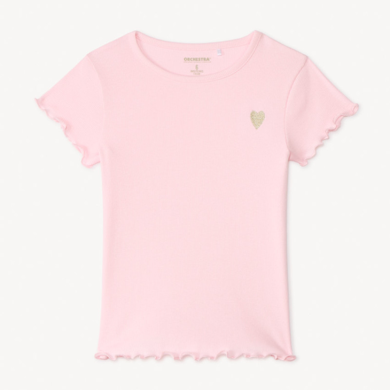T-shirt manches courtes en maille côtelée uni broderie cœur 