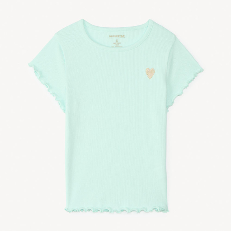 T-shirt manches courtes en maille côtelée uni broderie cœur 