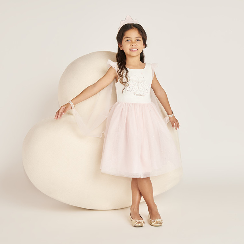 Robe bi-matière avec sa cape en tulle et sa couronne fille